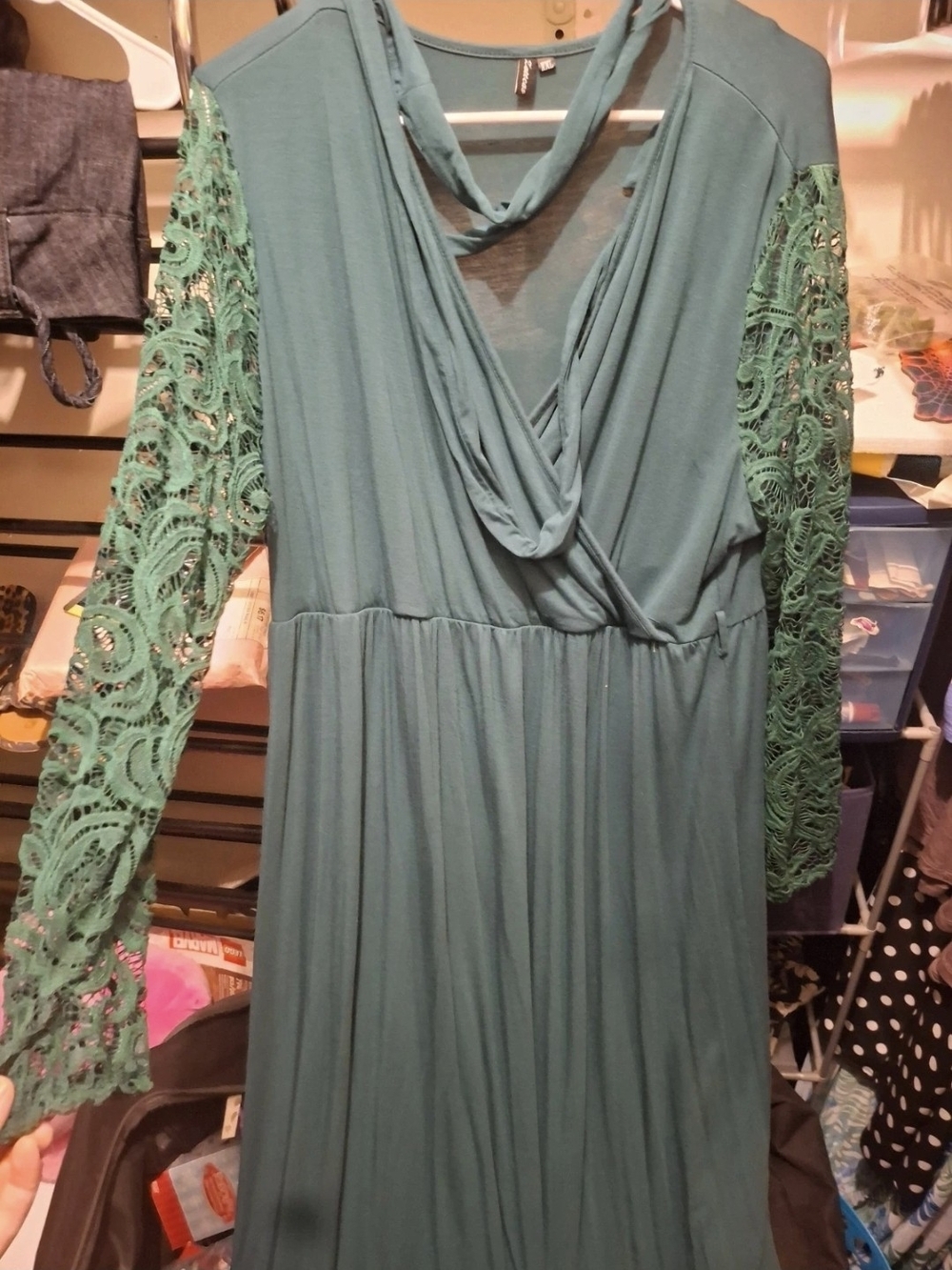 Womens Lace-sleeve Floor Length Dress With Belt